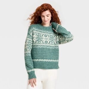 Universal Thread Cozy Alpine Snowflake Crewneck Fair Isle Sweater Green 2X